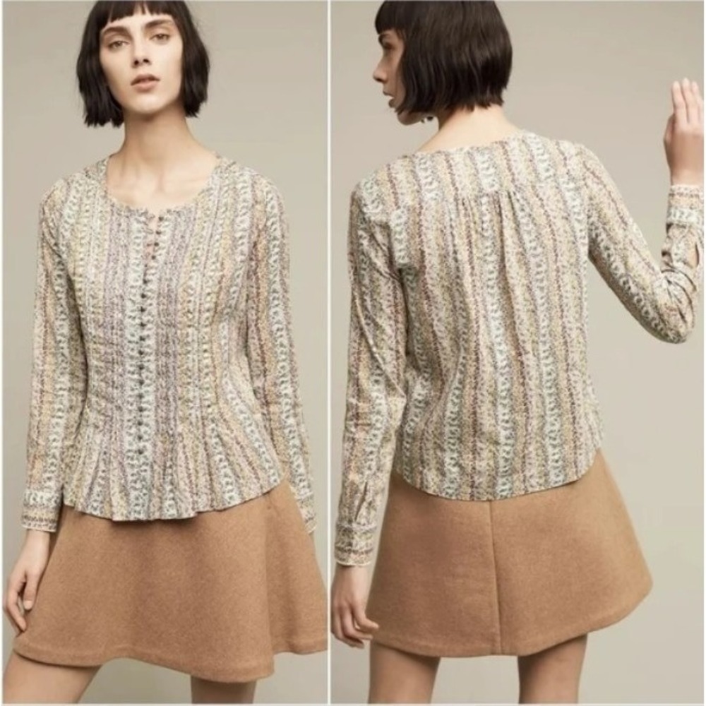 Anthropologie‎ Maeve Gelise Pintuck Peasant Blouse Floral Boho Pleated Prairie